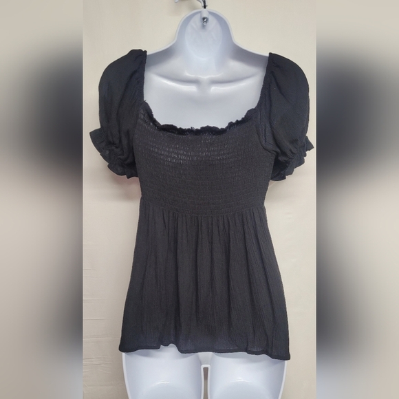 Ambiance M Black Elastic Smocked Baby Doll Top Elastic Neck & Sleeve Ends - Picture 3 of 5
